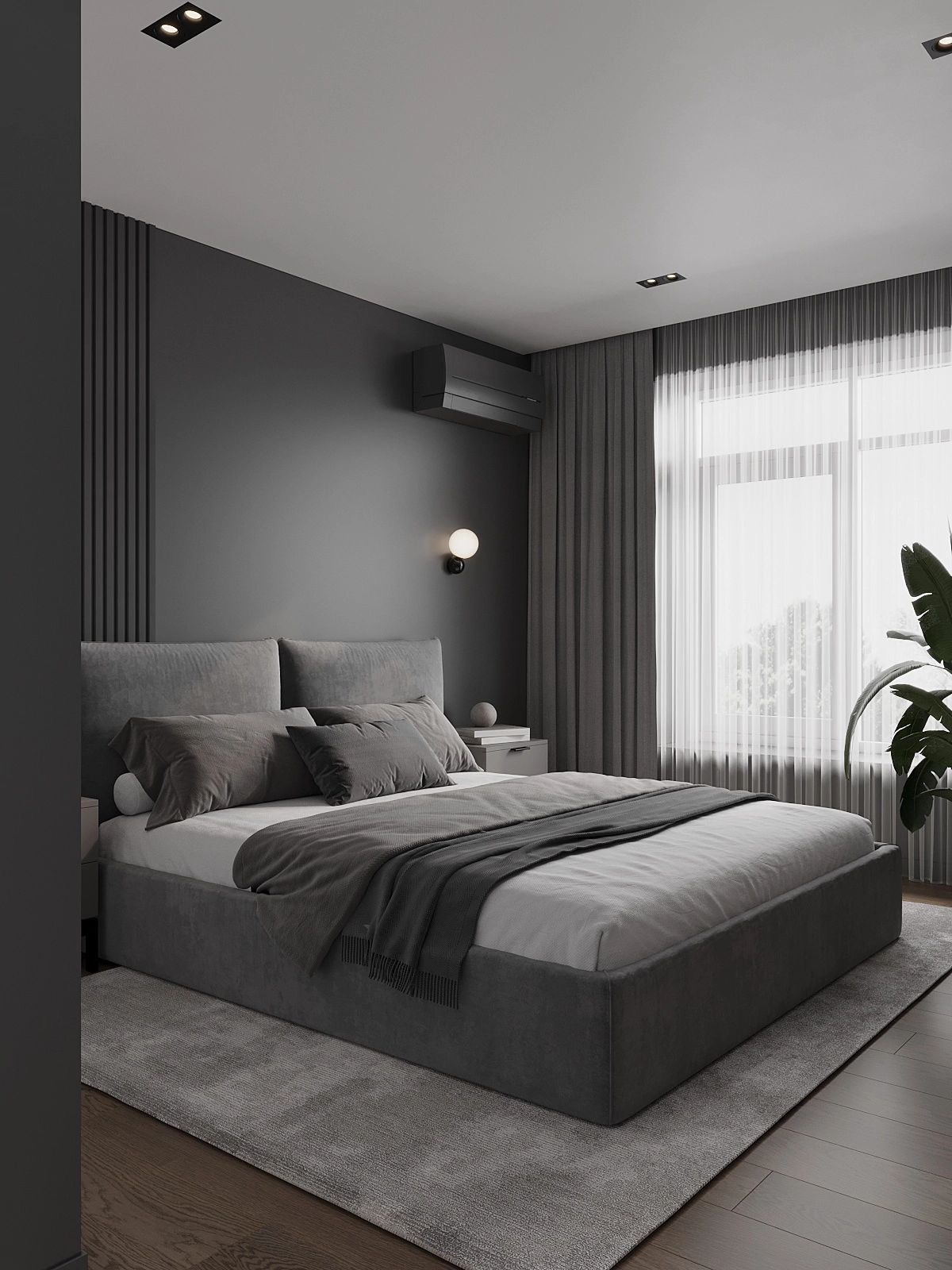 Chambre contemporaine aux tons gris dans un appartement lausannois